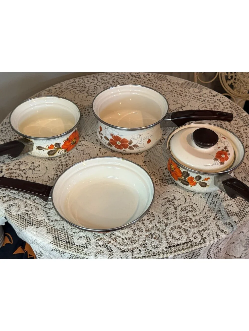 Vtg Sanko Ware Japan Show Pans 5Pc St Enamel Cookware Orange Poppy That 70s Show